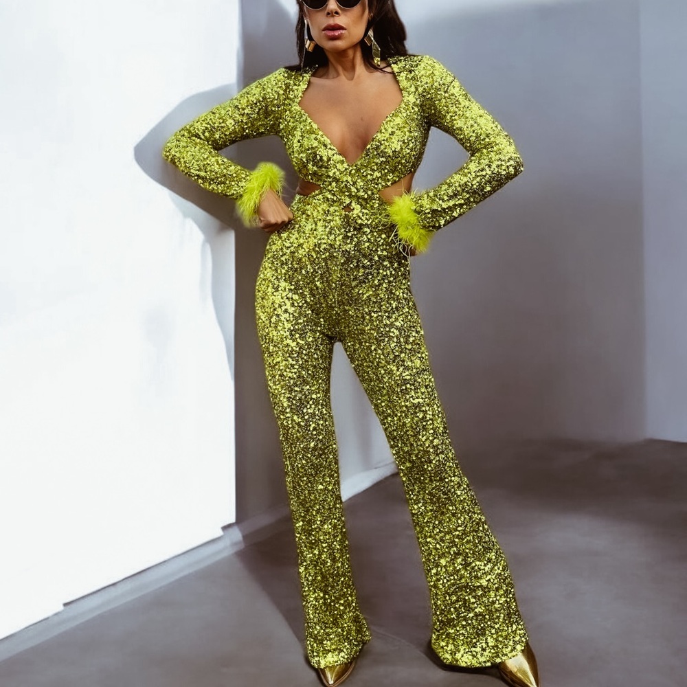 Green Disco Queen Festival Jumpsuit, Studio 54 Jumpsuit, Flared Leg Jumpsuit - Picture 2 of 10